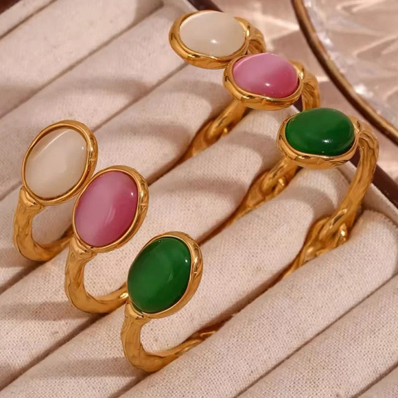 Selena Green Cat Eye Agate 18K Gold Stainless Steel Waterproof Cuff Bracelet - Picture 4 of 17